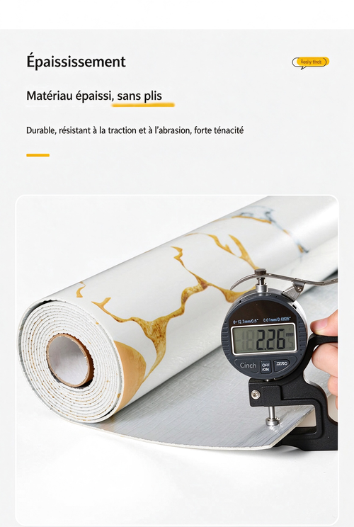 300 cm x 40 cm Papier peint effet marbre lisse avec veinures dorées – Autocollant et repositionnable