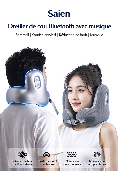 Offre du Black Friday – Coussin cervical en forme de U avec Bluetooth intégré et mousse à mémoire de forme, doté d'une fonction de réduction du bruit (article très prisé)