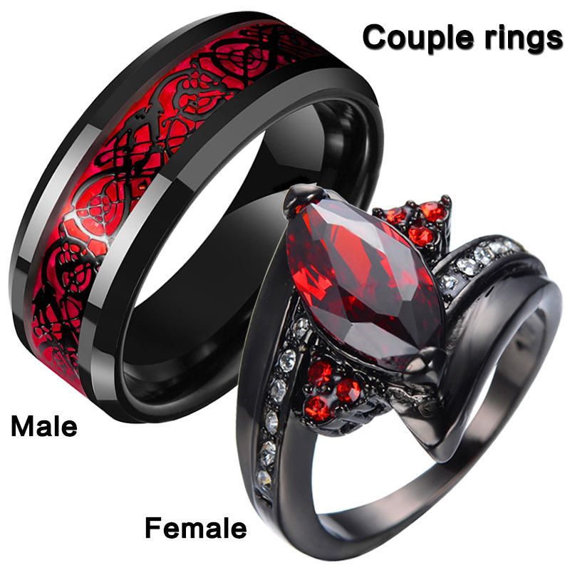 Luxury Red Gemstone Horse Eye Wedding Rings for Couples Trendy New Fashion Alloy Promise Diamonds Black Wedding Bands for Women