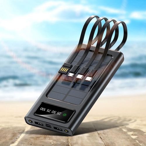 Large Capacity Solar Power Bank With Flashlight Cable Outdoor Fast Charger External Battery 4 Cables USB Mobile Phone Power Bank