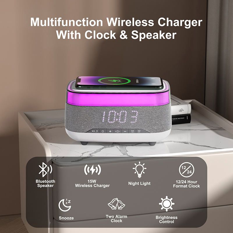 2025 New Multifunction Smart Blue Tooth Speaker with Wireless Charger and Alarm Clock