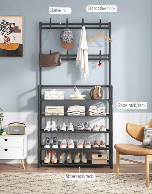 Assembly Coat Clothes Storage Metal Folding Shoe Rack for Entryway Bedroom Dormitory Hangers Hooks Fabric Storage Cabinet