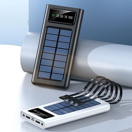 Large Capacity Solar Power Bank With Flashlight Cable Outdoor Fast Charger External Battery 4 Cables USB Mobile Phone Power Bank