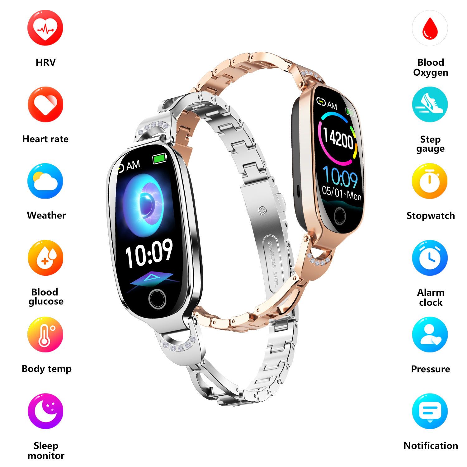 Girl Heart Rate Women Smart Wristband Bracelet Waterproof F81 Smart Watch Metal Strap Blood Oxygen Pressure Breathing Training