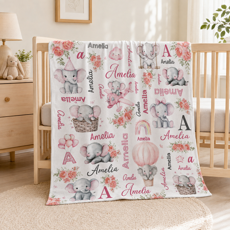 Personalized Baby Elephant Name Blanket – Custom Initial Soft Flannel Blanket for Baby Boys & Girls