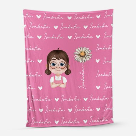 Custom Kids Blanket – Personalized Name Blanket with Birth Flower &amp; Cute Girl Illustration – Soft &amp; Cozy Gift for Girls