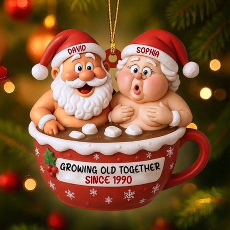 Growing Old Together Santa Claus In Hot Chocolate Cup,Personalized Ornament,Gift For Couples