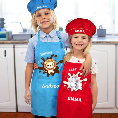Personalized Cute Animal Fantasy Unicorn Adjustable Kid Apron Chef Hat Set with Name Cooking Handcraft Activities Birthday Holiday Gift for Kids