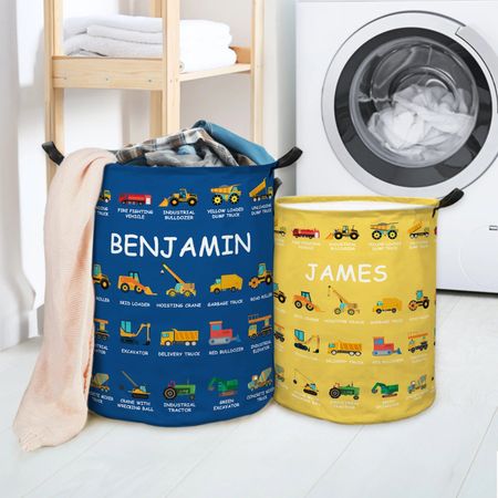 Personalized Multicolor Construction Truck Excavator Bulldozer Waterproof Laundry Basket with Text Birthday Gift for Boys Girls Truck Lovers