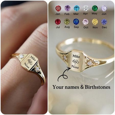 Personalized custom name and birthstone ring, anniversary gift for couples