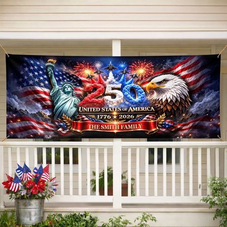 Custom Polyester Outdoor Banner - Personalized America 250th Anniversary Gifts For Mom, Dad, Brother, Sister, Kids - Strong As One