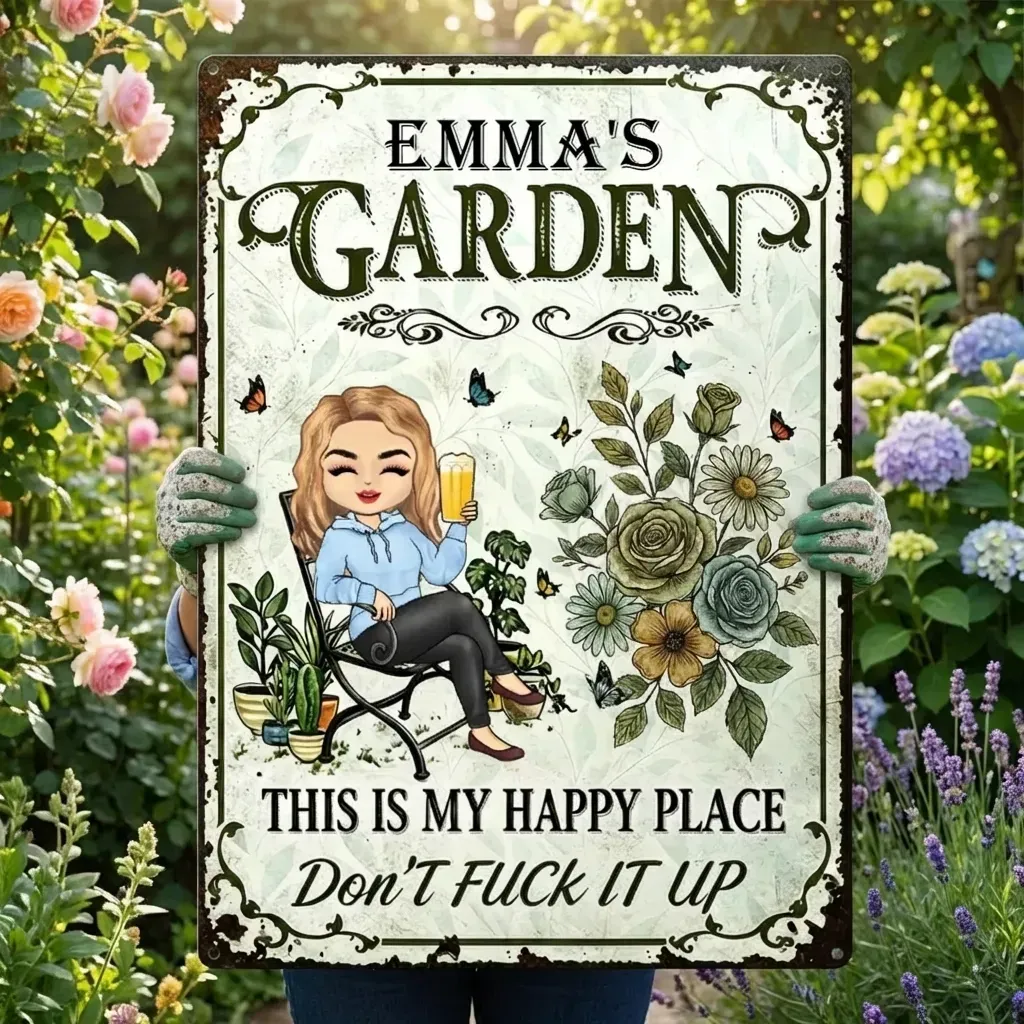 THIS IS MY HAPPY PLACE DON T FUCK IT UP Personalized Garden Sign Custom Name Vintage Tinplate Plaque Funny Outdoor  Indoor Wall Decor