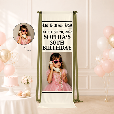 Personalized Birthday Newspaper Photo Banner – Custom Name, Age, Date & Photo Party Backdrop