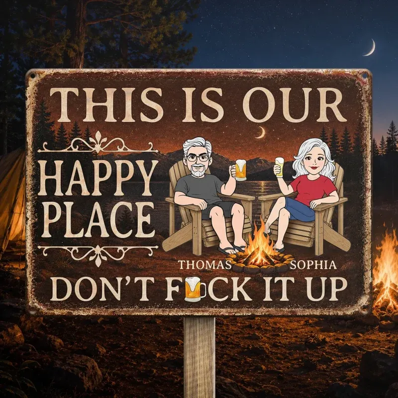 Personalized Metal Sign – Custom Couple Characters & Names Camping Campfire Decor