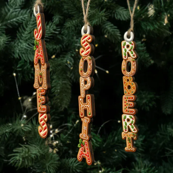Personalized Gingerbread Name Christmas Ornament – Custom Wooden Letter Hanging Decoration