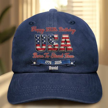 Stars And Stripes Faux Embroidery Effect Happy 250th Birthday - Personalized Vintage Washed Denim Cap