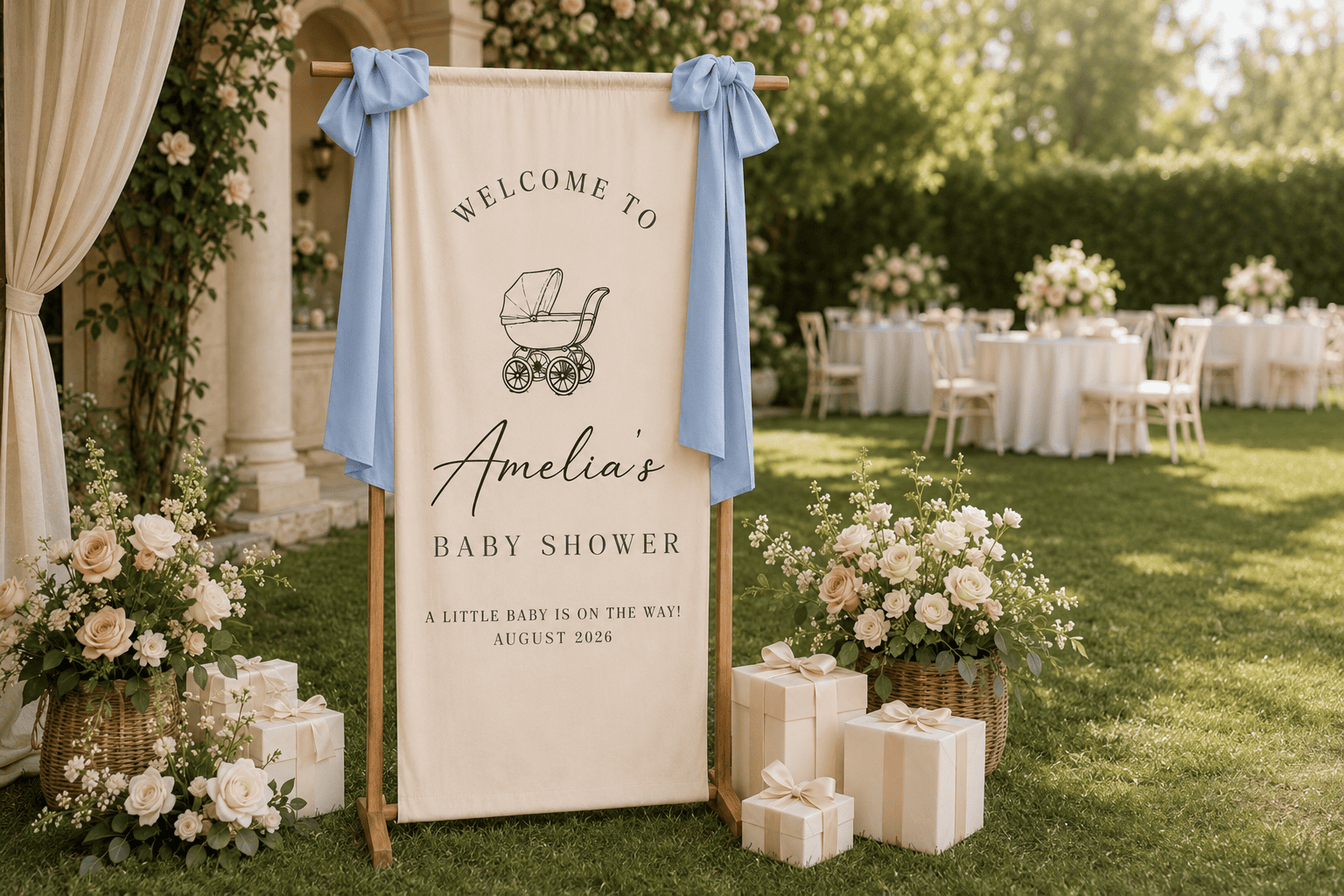 Baby shower welcome banner at an outdoor celebration