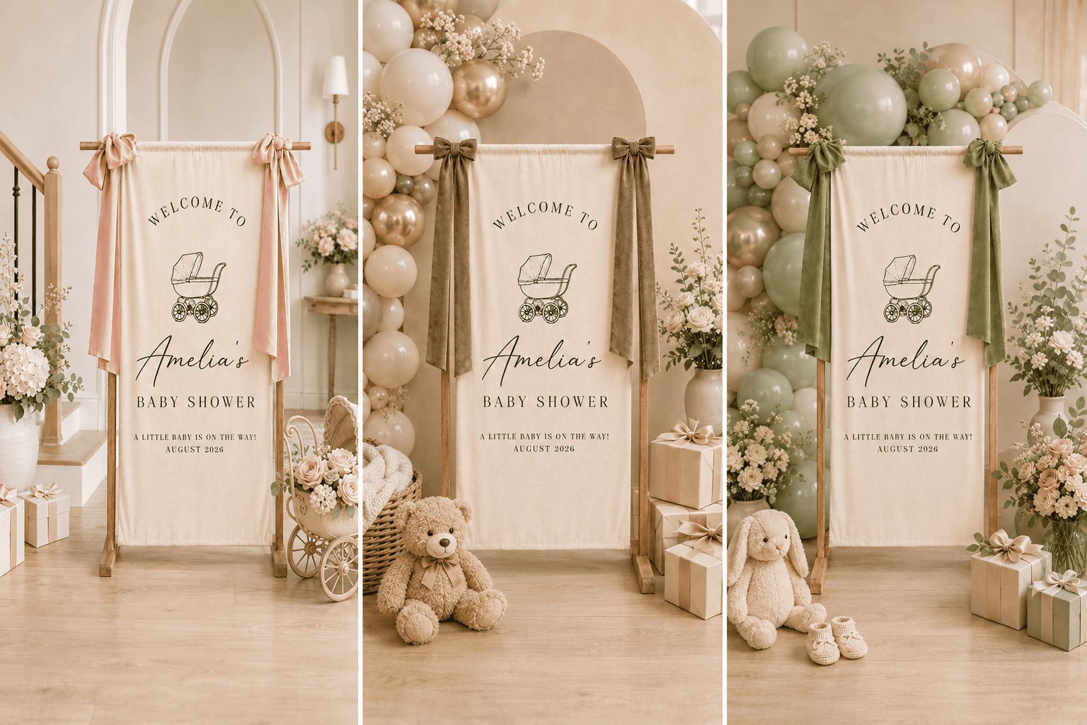Baby shower banner styled with different ribbon and party colors