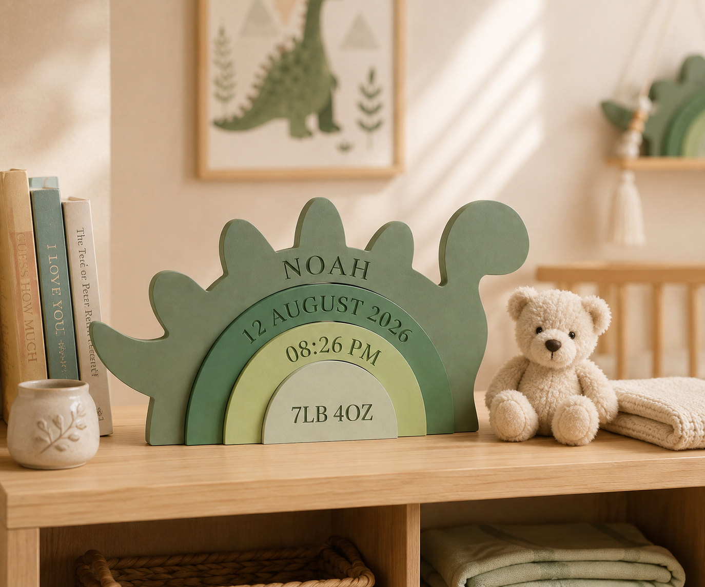 Personalized dinosaur keepsake displayed on nursery shelf