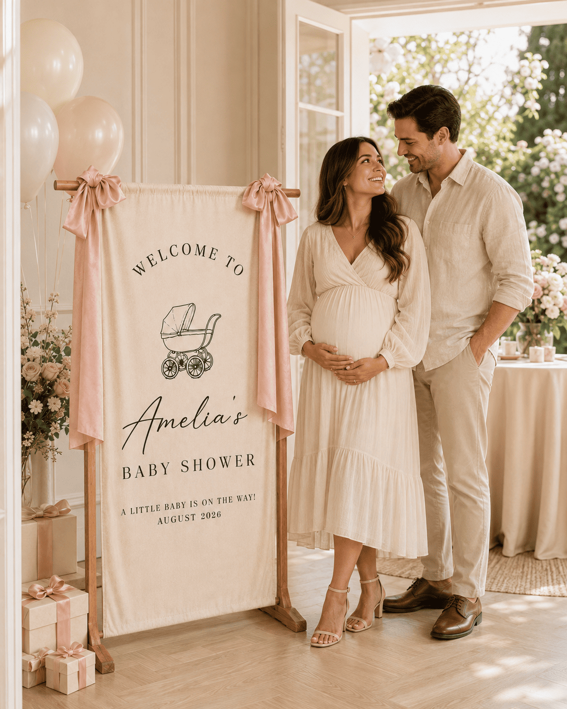 Parents-to-be standing beside personalized baby shower banner