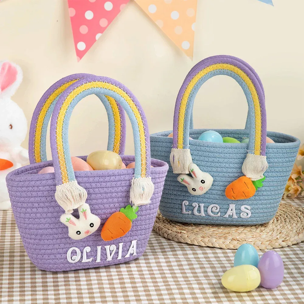 Personalized Cute Easter Rabbit Carrot Cotton Woven Basket with Name Easter Egg Hunts Party Favor Gift for Kids