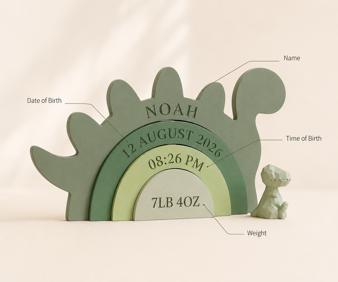 Personalized dinosaur keepsake showing baby name date time and weight