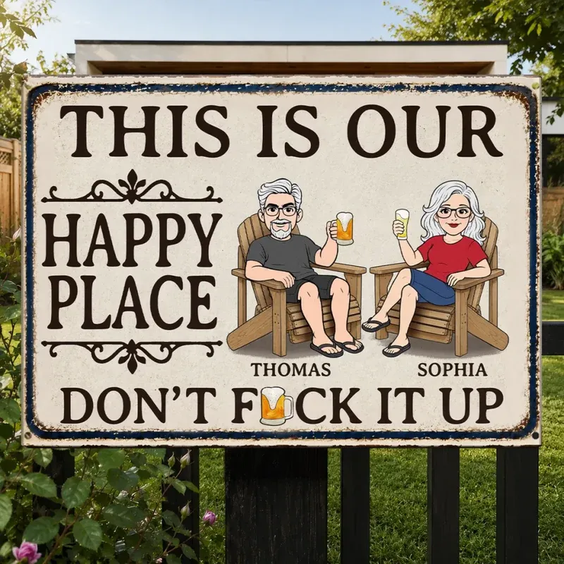 Personalized 'This Is Our Happy Place' Couple Sign – Custom Characters & Names Funny Home Decor