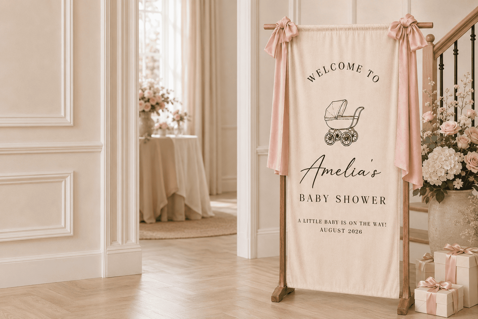 Baby shower welcome banner displayed at an indoor entrance
