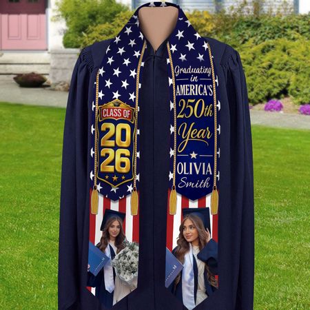 Custom Photo Class of 2026 Graduating in America's 250th Year Patriotic Graduation Stole