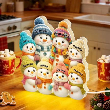 Snowman Grandma Grandpa and Grandkids Personalized Light Box - Christmas Gift for Grandparents - 3D Effect Light Box