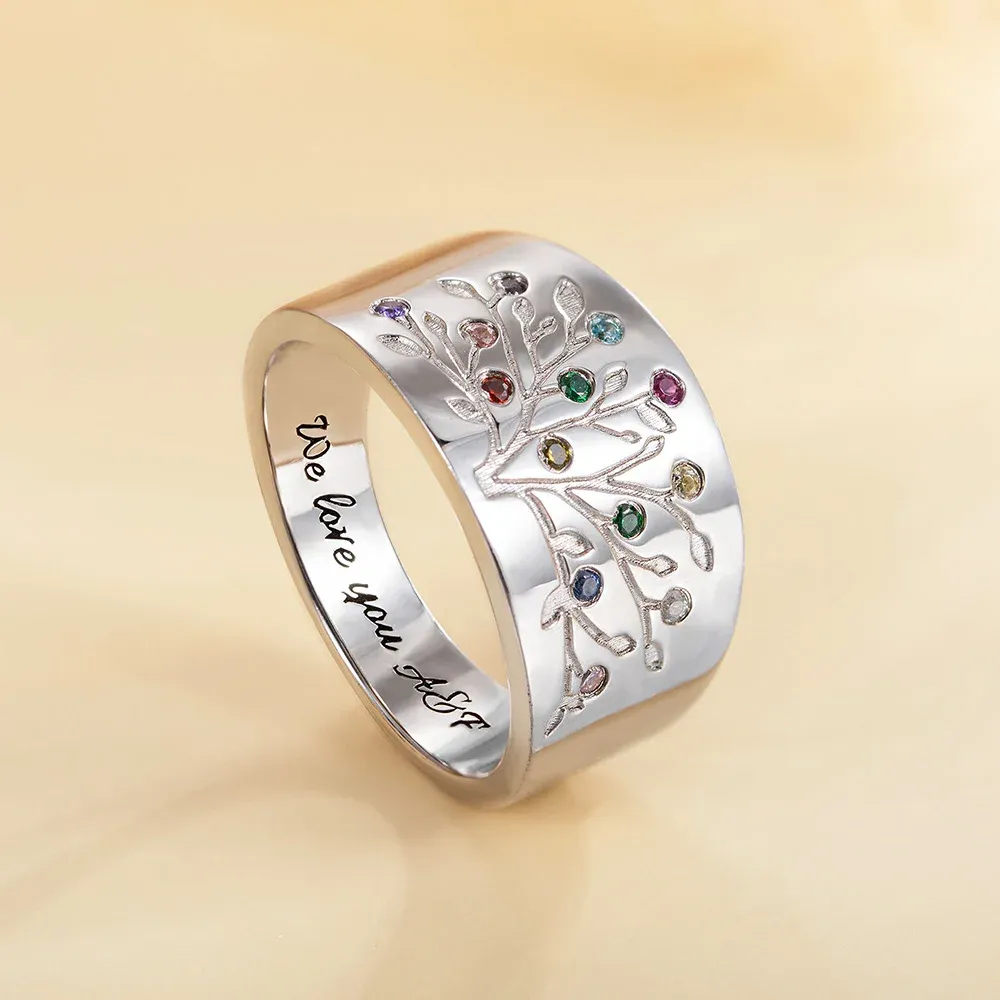 Sterling Silver Custom Family Tree Ring with Birthstones – Engraved Jewelry Gift for Mom or Grandma