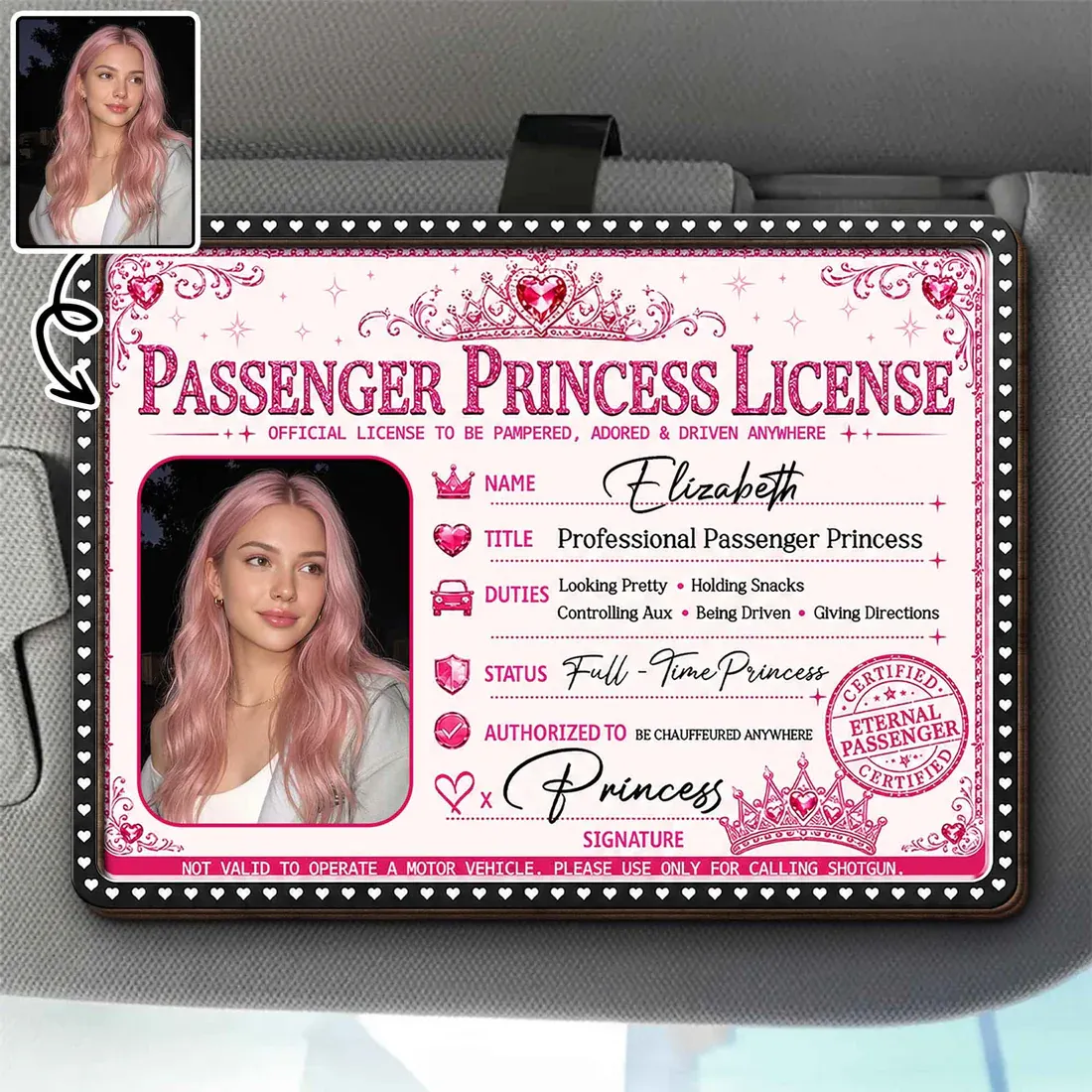 Personalized Passenger Princess License Sun Visor Clip – Custom Photo & Name Car Gift for Her