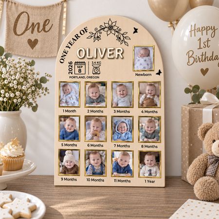 Personalized Baby First Year Photo Milestone Board – Custom Name, Birth Details & Monthly Photo Keepsake