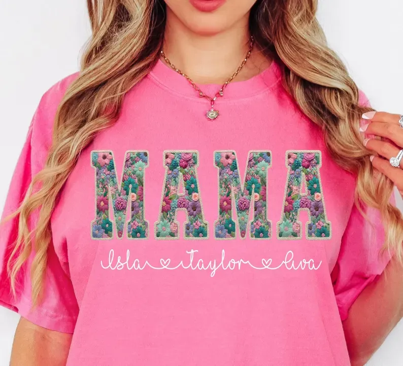 Personalized Mama Shirt With Kids Names Faux Embroidery Effect Mama Gift For Mothers Day Custom Mom Gift