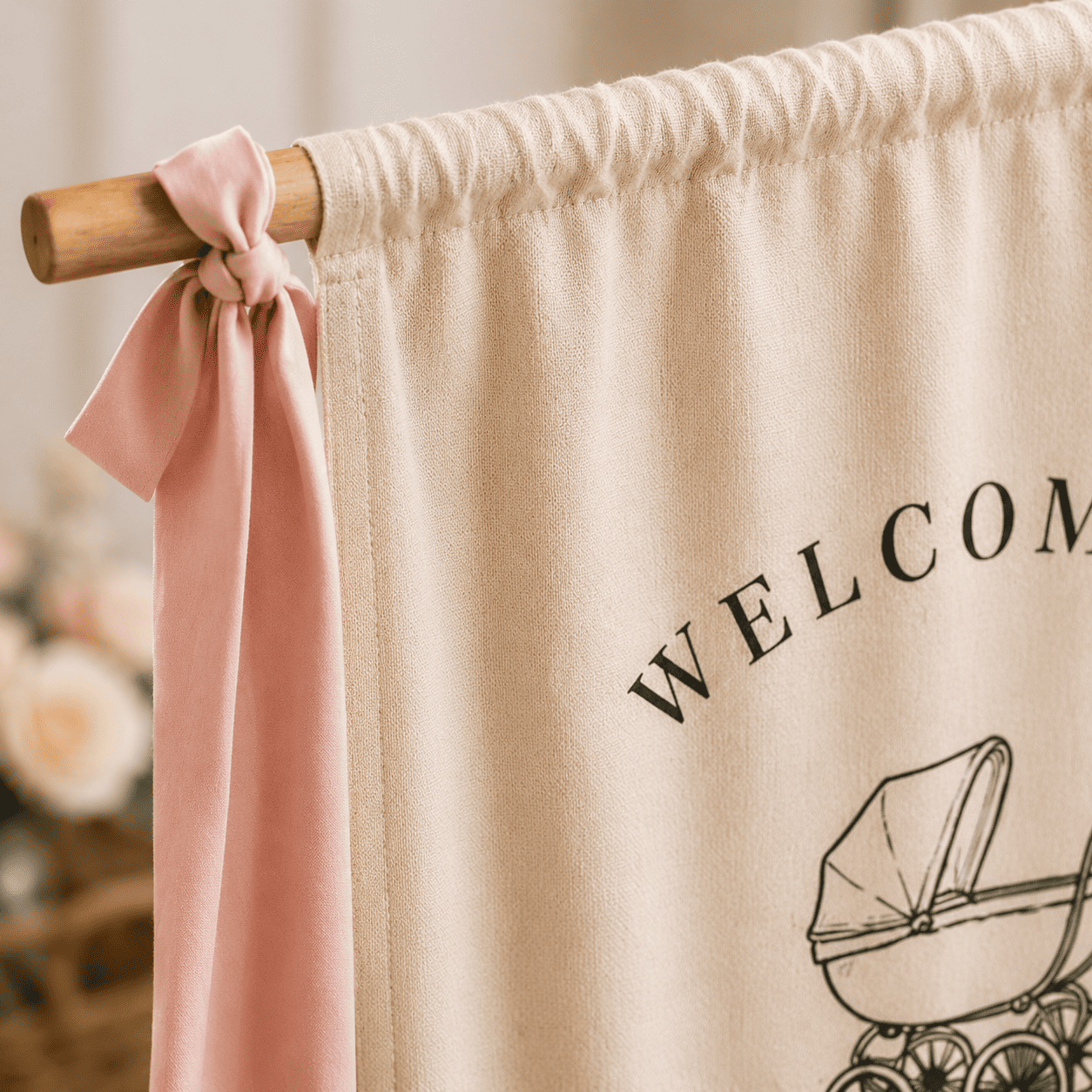 Close-up of baby shower banner fabric and hanging detail
