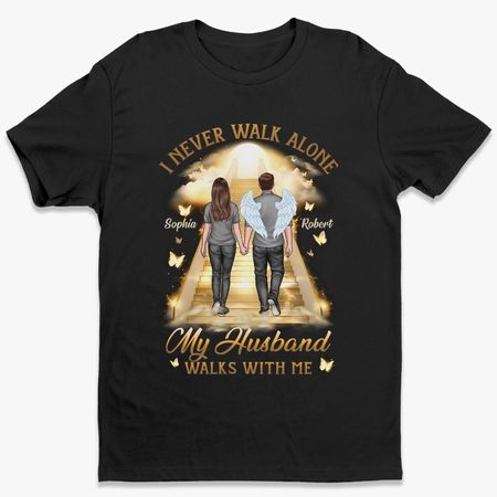 Custom Unisex T-shirt, Premium T-shirt - Personalized Memorial Sympathy Gifts For Loss Of Husband, Wife - His Wings Guide My Steps