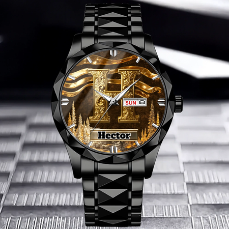 Customized Metal-look Dial Pattern Watch - Personalized Name and Initial