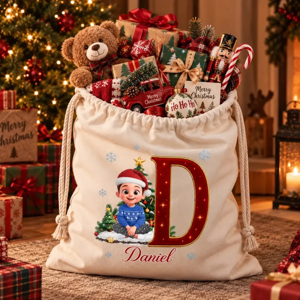 Personalized Christmas Santa Sack with Initial, Name & Character – Custom Drawstring Gift Bag for Kids