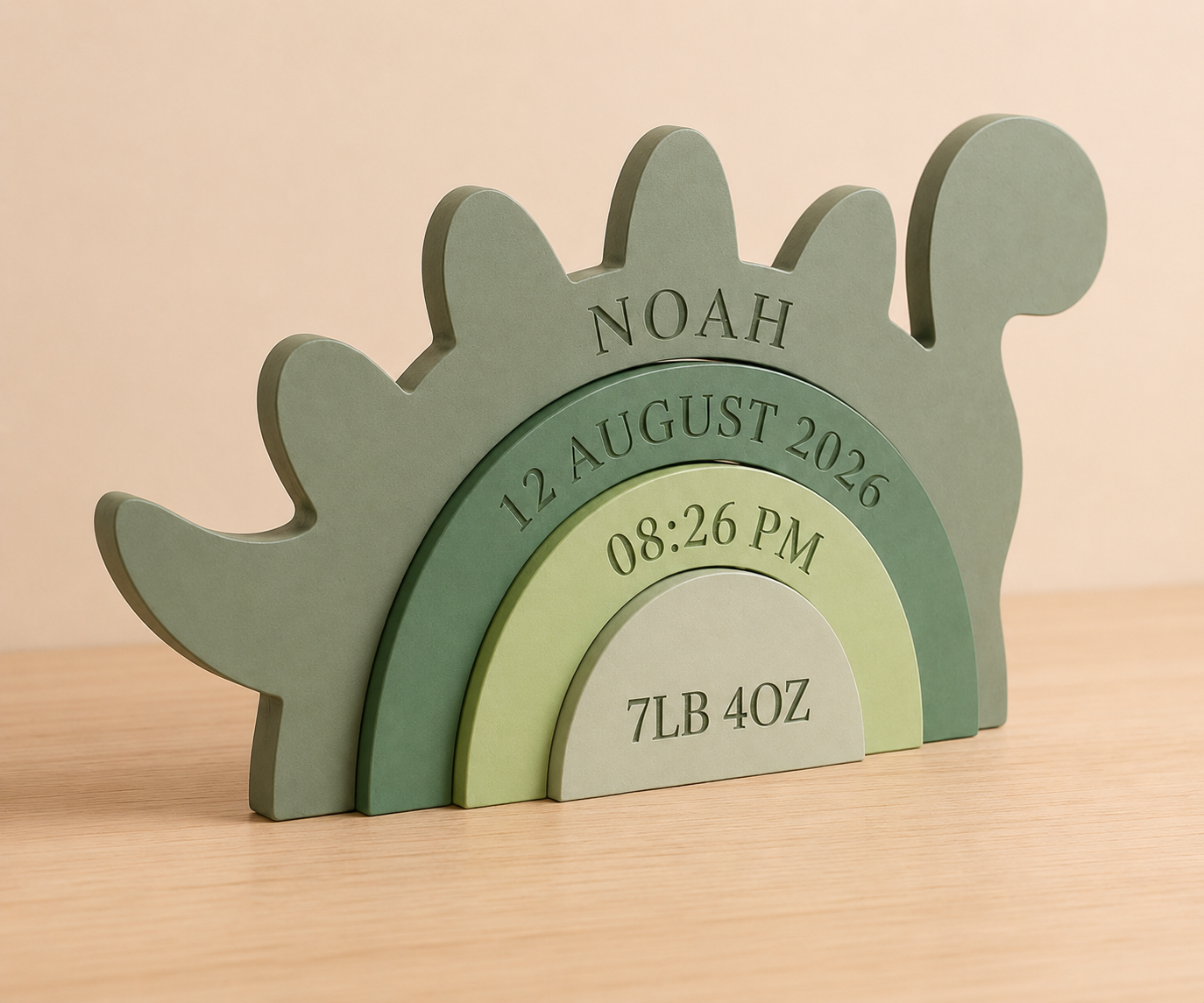 Layered dinosaur baby birth keepsake structure