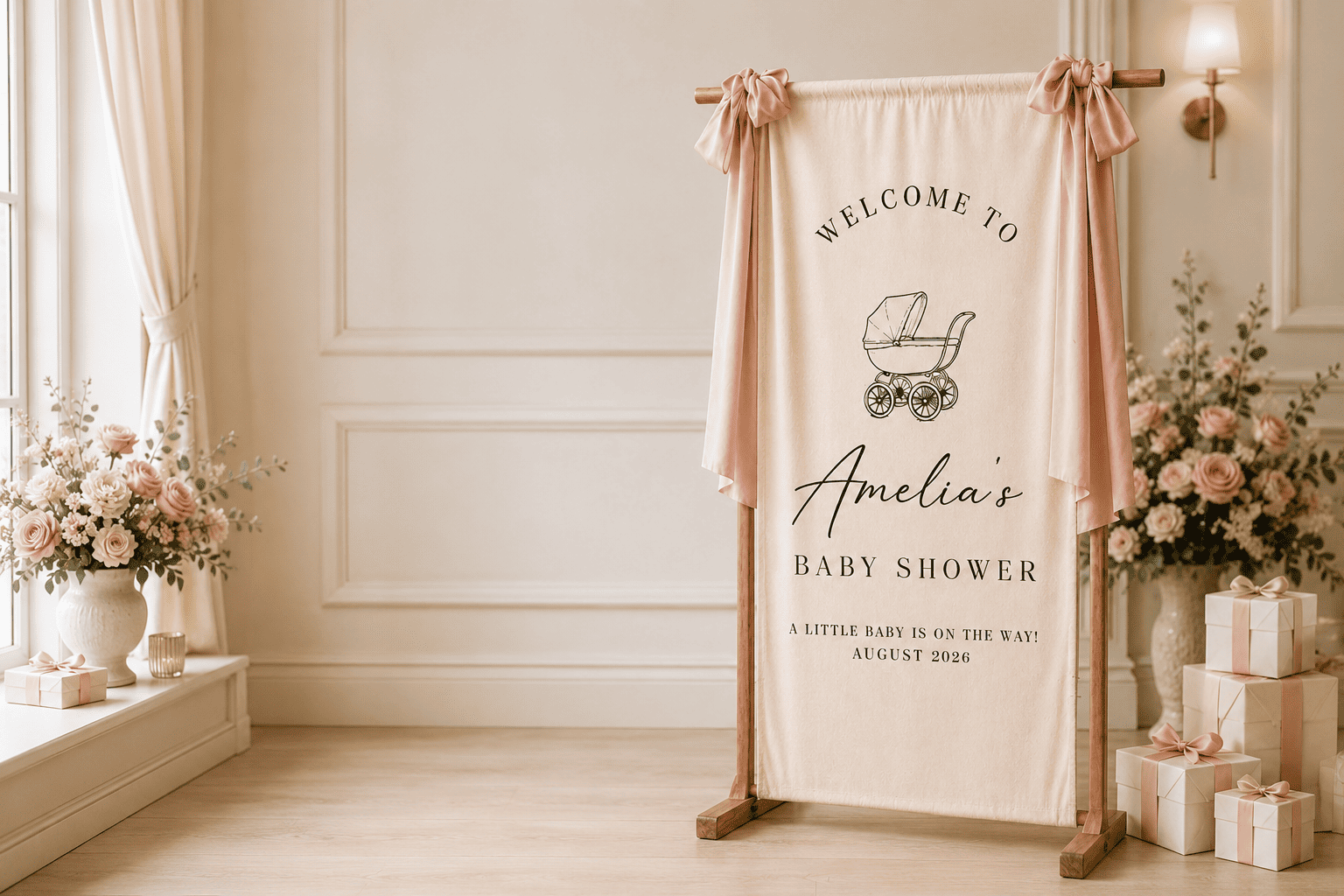 Personalized baby shower welcome banner at an elegant celebration