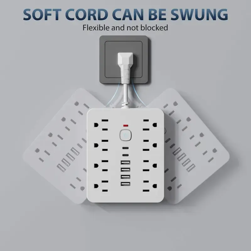 14-in-1 Power Strip with Switch & Surge Protection, Multifunctional Power Strip with 8 AC Outlets & 4 USB & 2 Type-C, Suitable for Office, Home and Travel