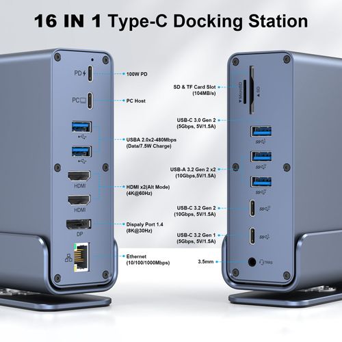 16 in 1 Type c Docking Station With 3 Screens Extend HD 4K60hz DP Monitor Expansion USB3.1 10G USB C Docking Station