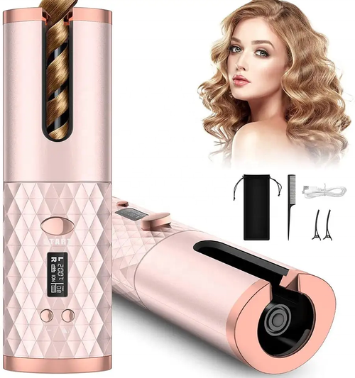 Automatic Curling Iron Cordless Hair Curler with 6 Temps Rechargeable Rotating Curling Iron Portable Curling Wand