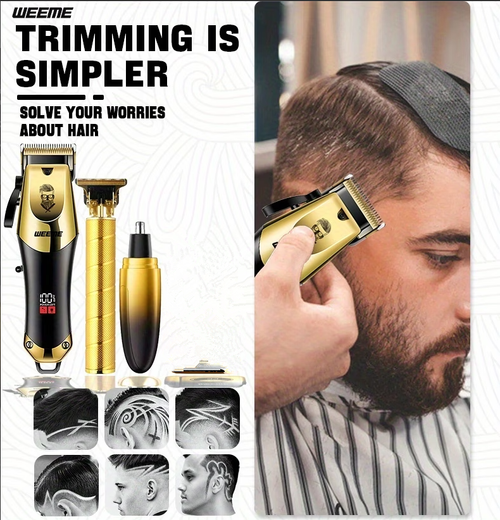 Rechargeable hair clipper, shaving razor, electric hair trimmer, electric scissors, push trimmer with digital display, nose hair remover, shaving kit set of four pieces