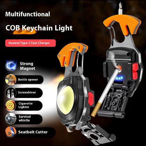 For outdoor travel and emergencies, it's all you need!This all-in-one gadget is superb. It offers one-touch powerful light illumination.Range of several hundred meters, with multiple levels of dimming control.Flip it over and it instantly becomes a cigarette lighter.Use the screwdriver provided to screw in the screws. The magnetic metal plate adheres magnetically.It can also open bottles, cut seat belts, and hang the keychain after use, making it convenient to carry.✨✨✨