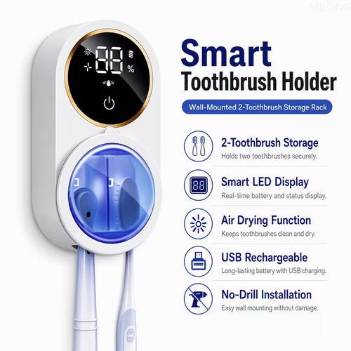Toothbrush Holder And Cleaner Razor Holder Dryer Light Cleaning And Air Drying, Easy to Install Without Drilling, Featuring 2 Brush Slots, Automatic Rotating Cover Rechargeable Wall Mounted, Smart Sensor Toothbrush Box