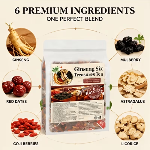 Men's Women's Ginseng Six Treasures Tea +MACA Herbal kidney tonic, containing goji berries, an energy booster, suitable for relieving fatigue, enhancing vitality, and protecting urinary system health.