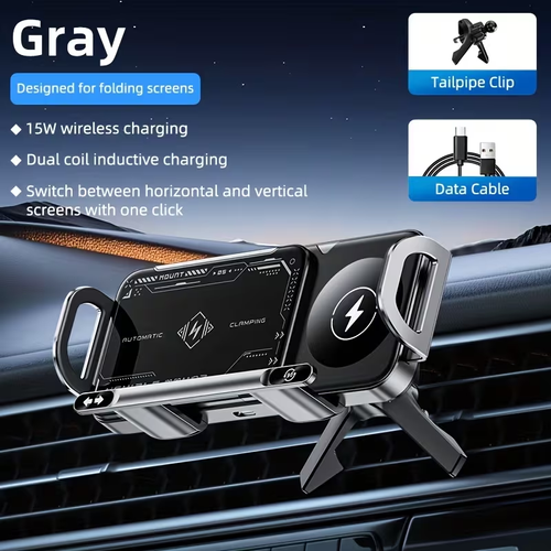 This new wireless fast-charging car phone holder is a smart telescopic and rotating stand suitable for car navigation and bicycles. It supports foldable screens and large screens, and features a 360° air vent wireless charger. It is compatible with iPhones, Samsung devices, and other series, with a maximum wireless charging output power of 15W (MAX).