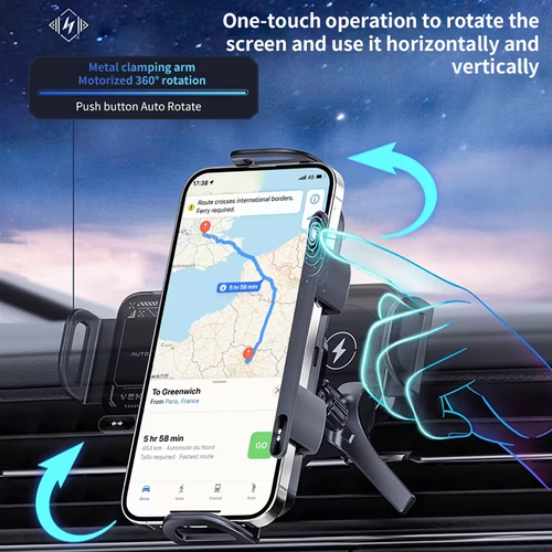 This new wireless fast-charging car phone holder is a smart telescopic and rotating stand suitable for car navigation and bicycles. It supports foldable screens and large screens, and features a 360° air vent wireless charger. It is compatible with iPhones, Samsung devices, and other series, with a maximum wireless charging output power of 15W (MAX).