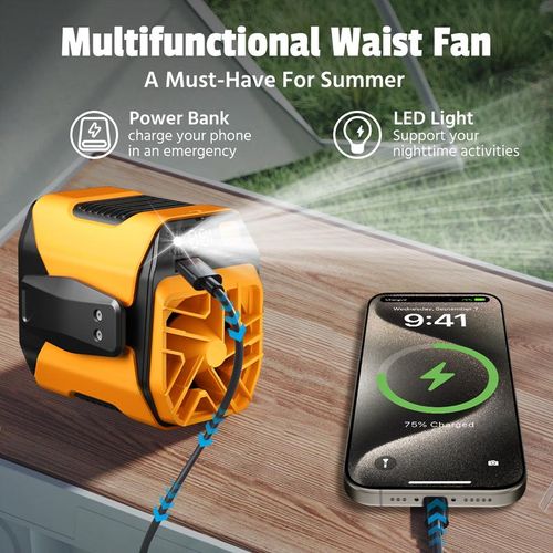 Personal Waist Portable Rechargeable Fan, 5000mAh Battery Power bank, 3 Speeds 5300RPM Airflow, 8H Runtime, LED Light, Wearable Belt Fan for Outdoor, Jobsite, Farms, Traveling, Fishing